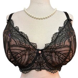 Cacique Black Pink Lightly Lined French Balconette Lace Padded underwire Bra